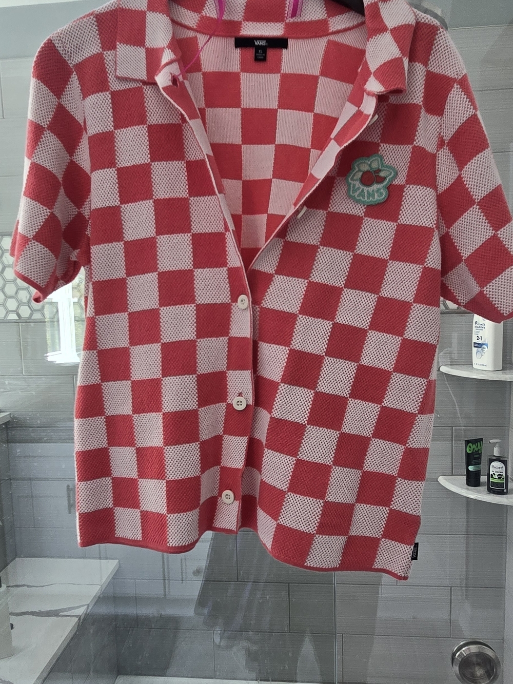 Vans Pink and White Checker Knit Button-Front Polo Shirt